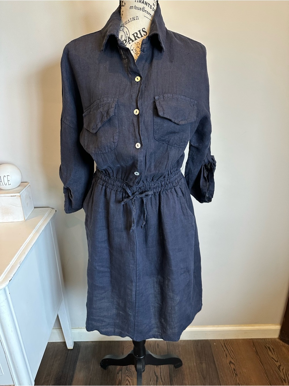 Francesca Bettini Navy Blue Linen Shirt Dress Size Medium New with Tags